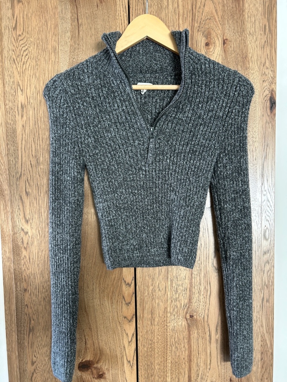 aerie Charcoal Ribbed Half-Zip Cropped Turtleneck Sweater